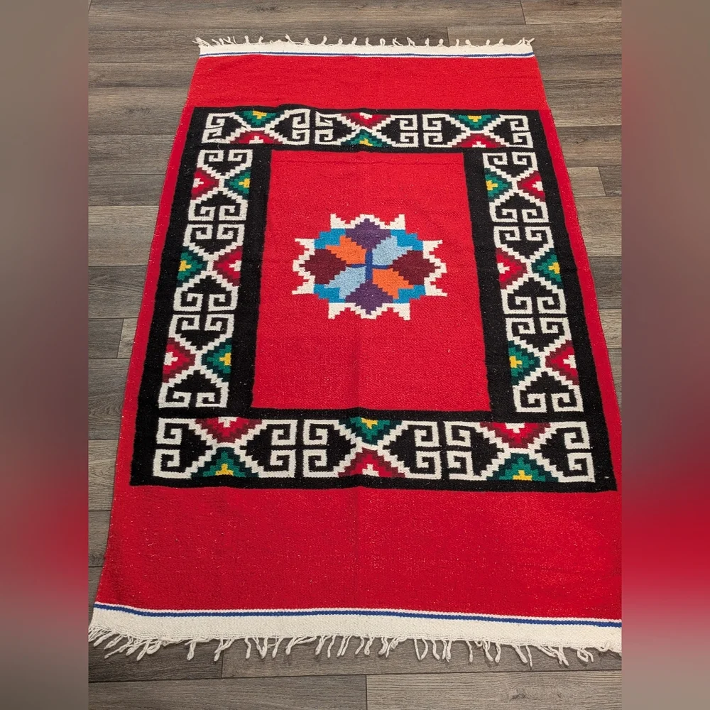 Vintage 1960s Traditional Geometric Mexican Woven Tapestry Blanket Rug 76